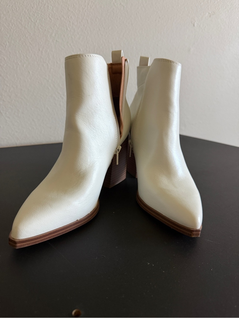 Indigo Cream Pointed-Toe Ankle Boots with Stacked Heel